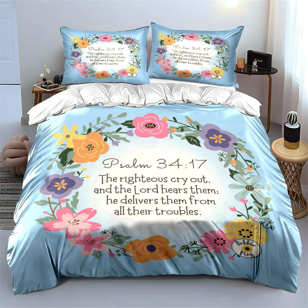 Inspirational Psalm Floral Design Set  Kid's and Adults' Bedroom Decor, Exquisite Three-piece Bedding Set Gift