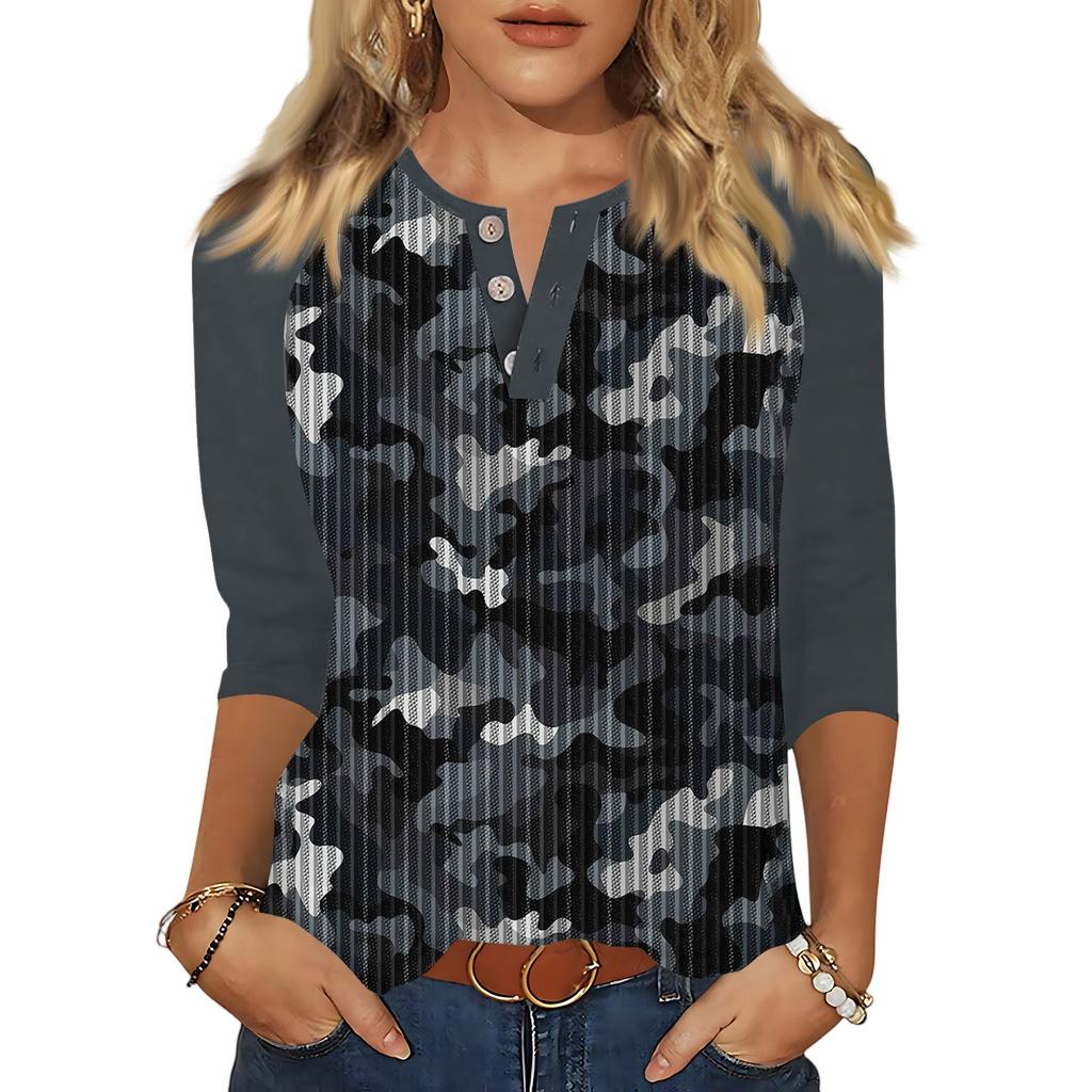 Tricou de damă cu buton imprimat mânecă 3/4 Zilnic la modă de weekend, de bază, cu decolteu în V, obișnuit