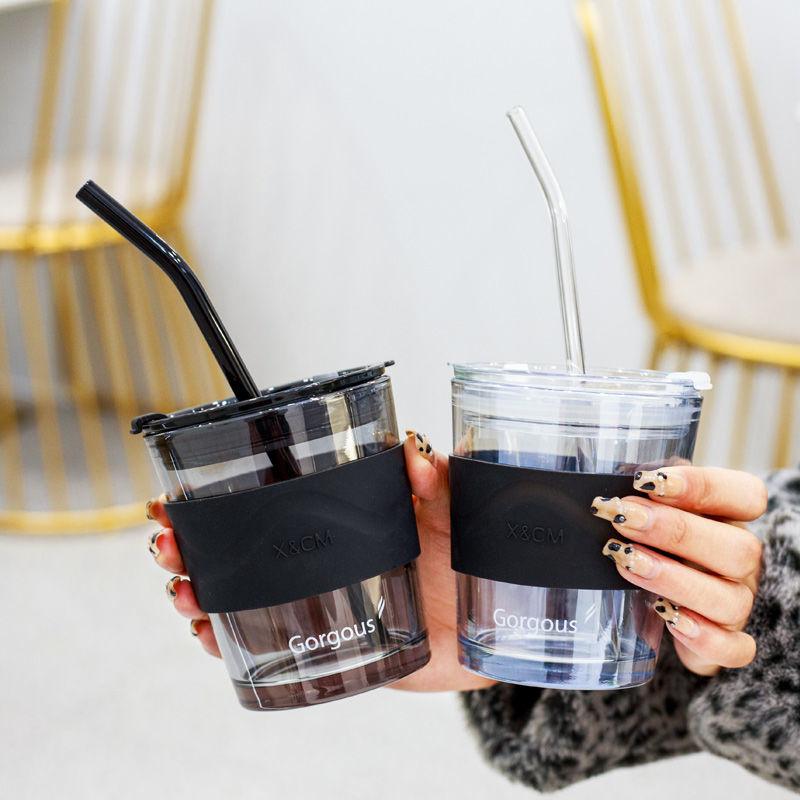 Portable Glass Cup Large Capacity Coffee Cup Straws Reusable with Lid Straw Cup Cute Coffee Mugs and Cups