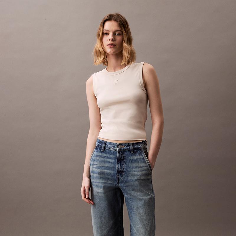Calvin Klein Trendy Minimalist Embroidered Logo Ribbed Slim Fit Tank Top Women Tops Beige Cream 47B265G