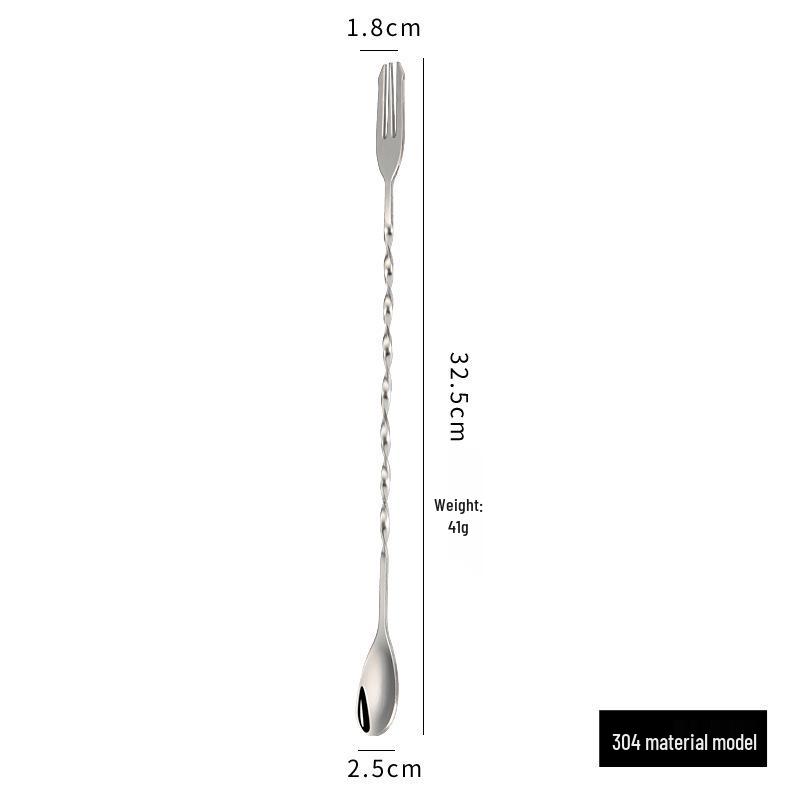 304 Stainless Steel Long-Handle Double-Ended Cocktail Stirring Spoon & Fork
