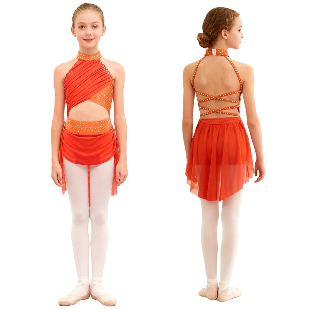Kids Girls Modern Lyrical Dance Dress Ballet Figure Skating Gymnastics Leotard Bodysuit Costume Strappy Back Latin Jazz Dress