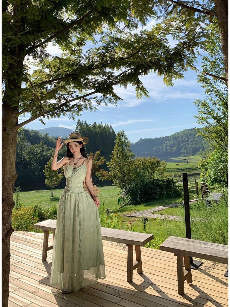 Women's Mint Green Floral French-Style Suspender Dress with Ruffle Waist