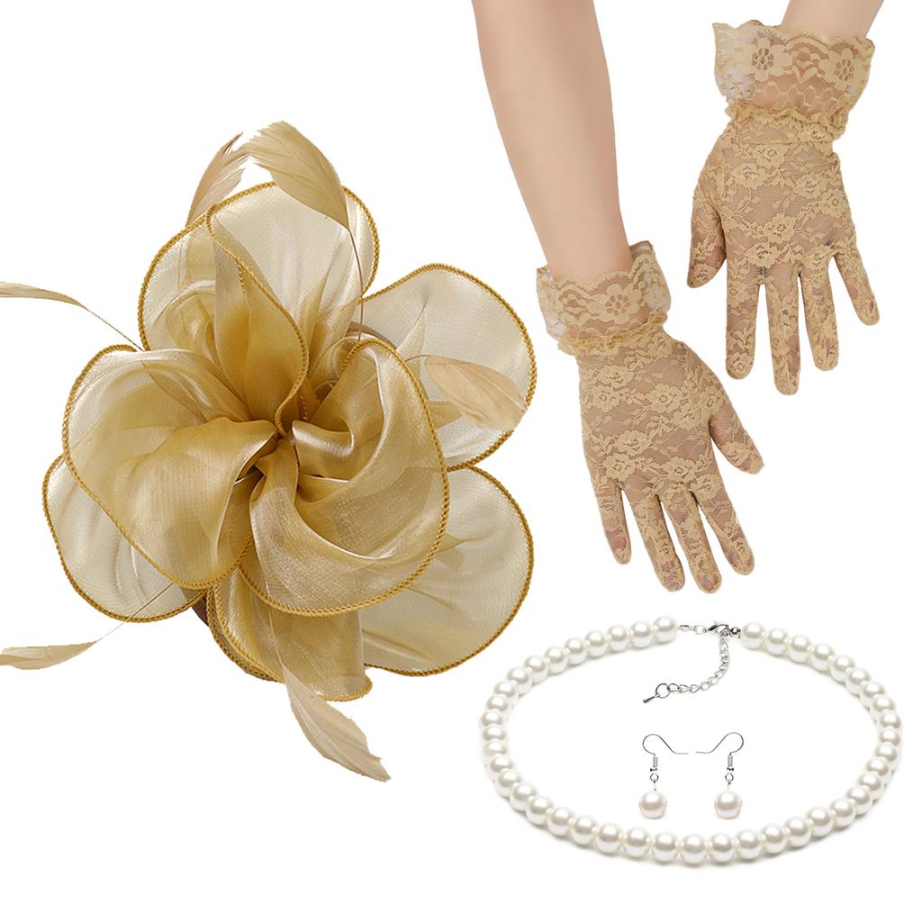 Lady Fascinators Headband Elegant Pearls Opera Necklace Earrings Lace Gloves Set 1920s Versatile Headwear