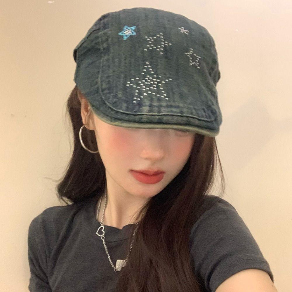 Y2k Star Cowboy Beret Embroidey Painter Hat Casual Artist Hat Spring Summer