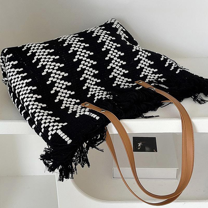 Women Grocery Tote Bag Fringe Large Capacity Canvas Handbag Beach Reusable Shop Bag Contrasting Color Travel Shoulder Bag