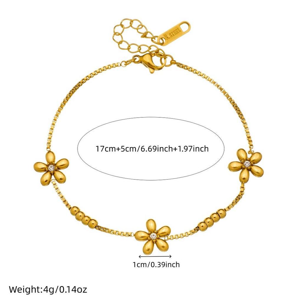 Gold-Plated Rhinestone Flower Bracelet with Stainless Steel Beaded Chain