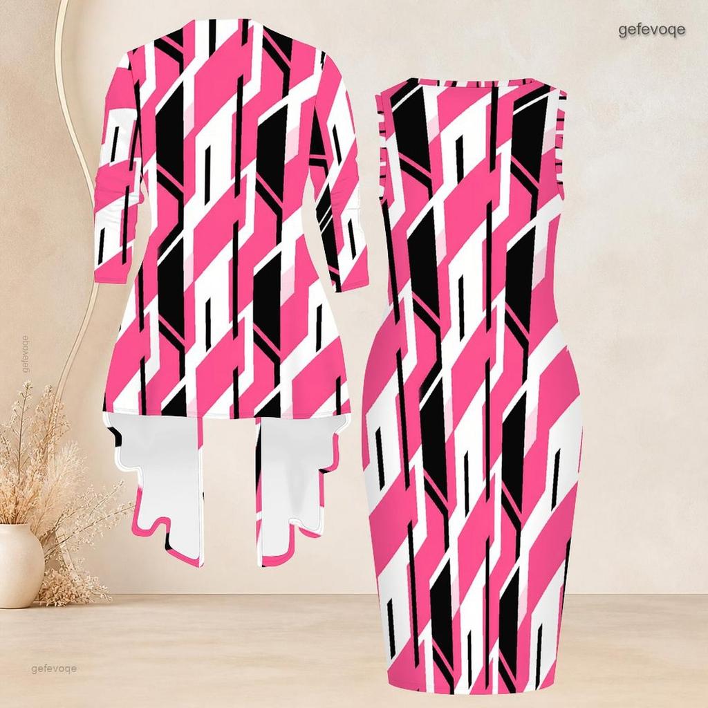 Women Plus Size Striped Printed Two Piece Set 3 4 Sleeve Open Cardigan Sleeveless Crew Neck Bodycon Dress