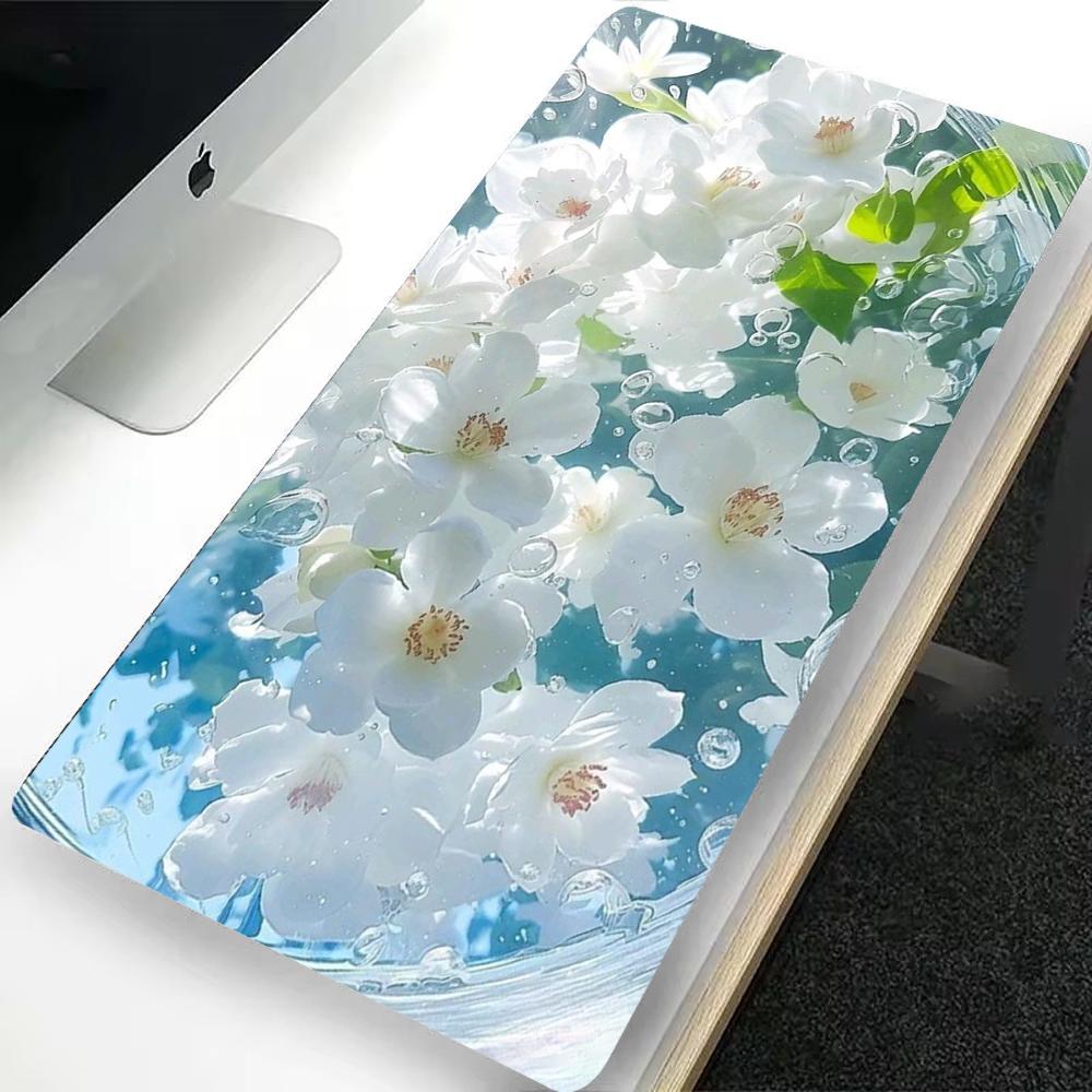Water and Flower Mouse Pad XXL Desk Mat In Blue Pink Green White Stylish Design for Computers Offices and Gaming Keyboards