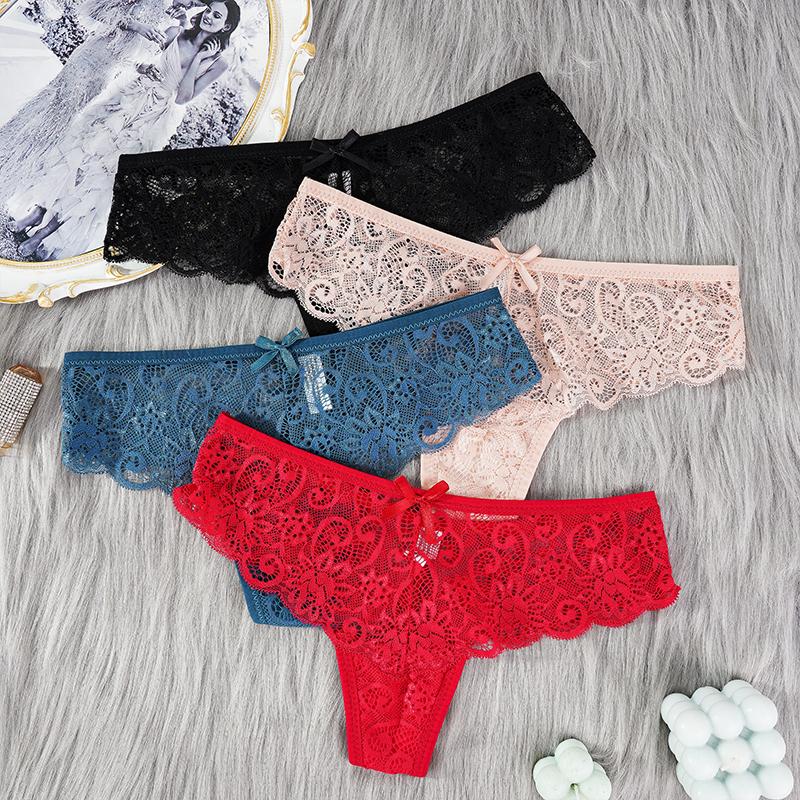 Sexy Lace Thong Women Low Waist Panties Transparent Hollow Out Lingerie Comfortable Elastic Underwear