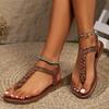 Fashion Brown Ethnic Weave Straps Clip Toe Sandals Women 2025 Summer Bohemia Comfortable Flat Heels Shoes Vintage Back Straps Sandals