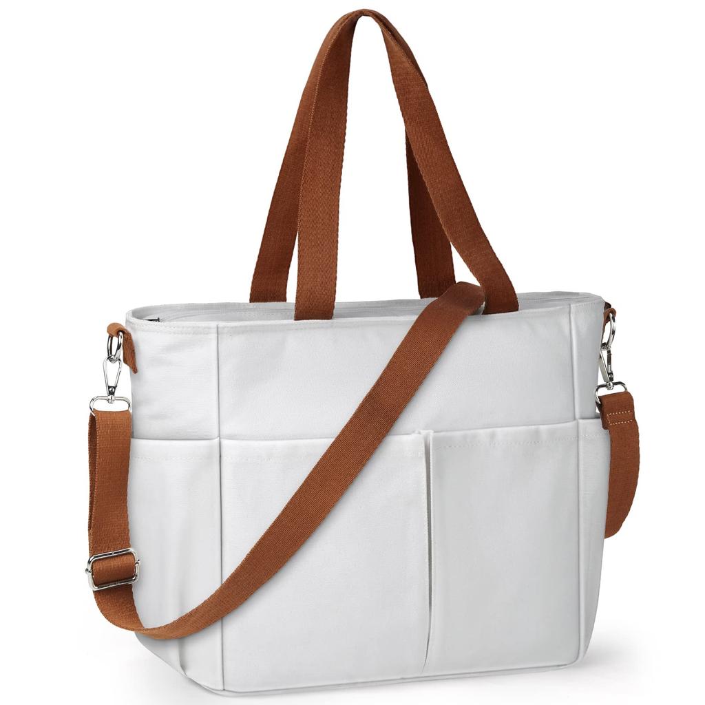 NUBILY Canvas Tote Bag, Shoulder Bag for Men and Women, Large Capacity, Solid Color, Canvas Tote Bag, Crossbody Bag, for Commuting, School, White