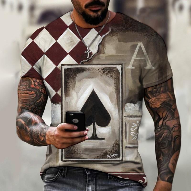 Mens Loose Fit Crew Neck Short Sleeve T-Shirt With 3D Poker Print Digital Lightweight Casual Streetwear