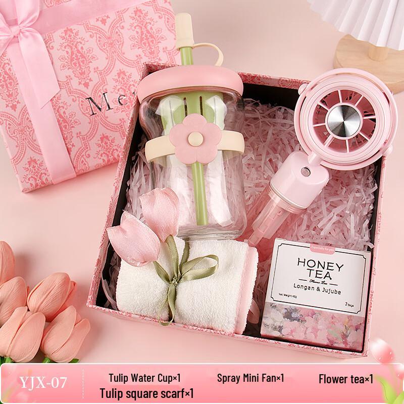 Tulip Gift Set: Glass Cup, Mini Fan, Flower Tea & Towel