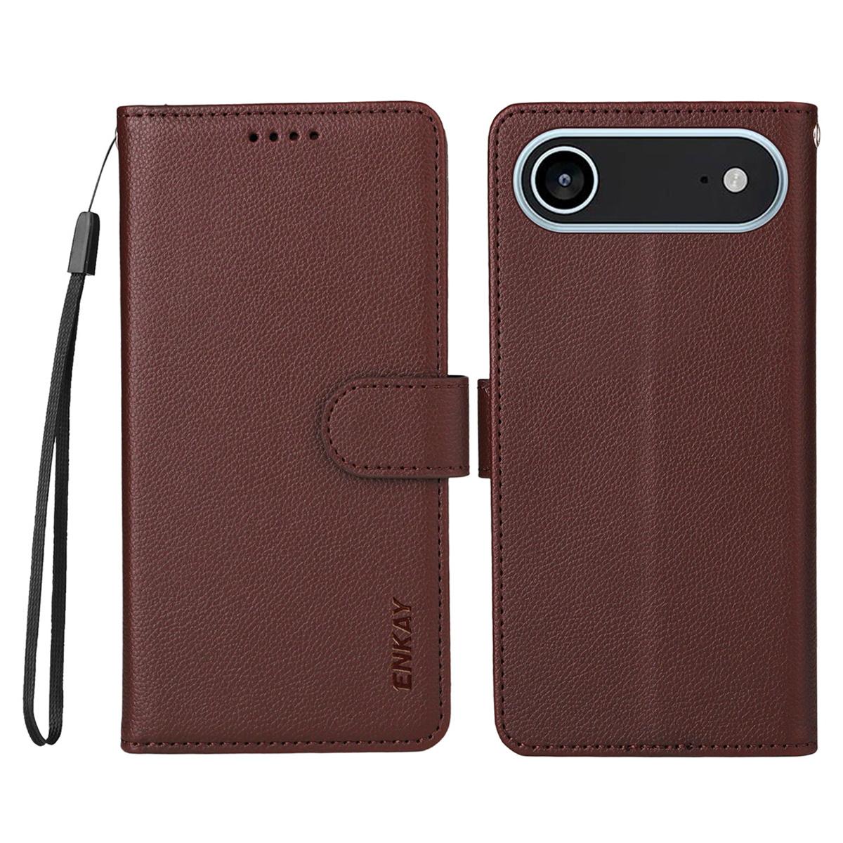

ENKAY HAT PRINCE For iPhone 17 Air Wallet Case with Strap RFID Blocking Leather Stand Phone Cover Brown