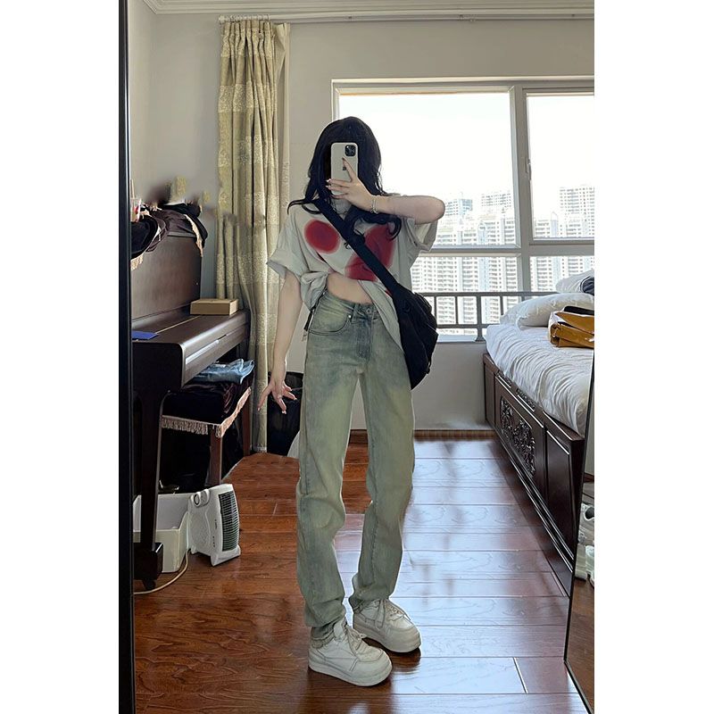 

Small Yellow Mud Dyed Retro Denim Female 2025 Summer New Arrival Fat Sister High Waist Straight-leg Loose-Fitting Mopping Pants Yellow mud pants 156-165 L