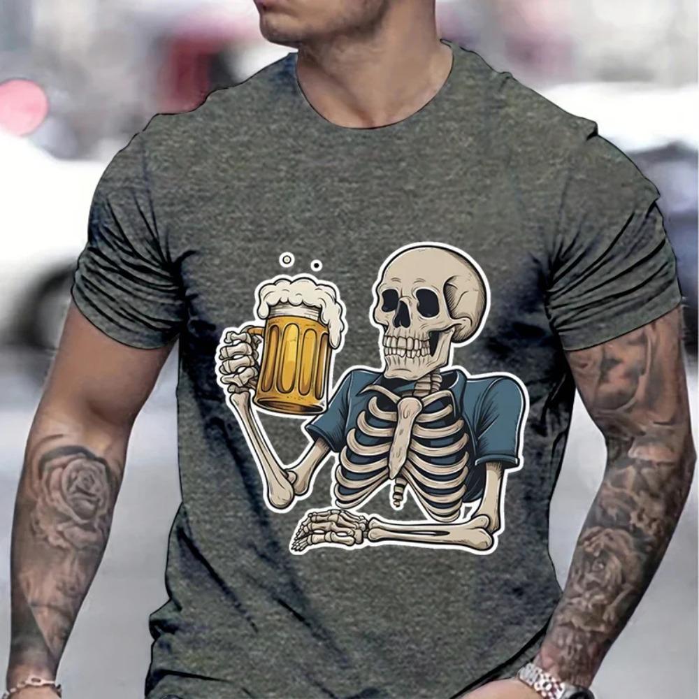 Cheering Skeleton Beer Print Men T-shirt Creative Skull and Beers Graphic Classic Tops Beer Lover Gifts Funny Summer T-shirt Men