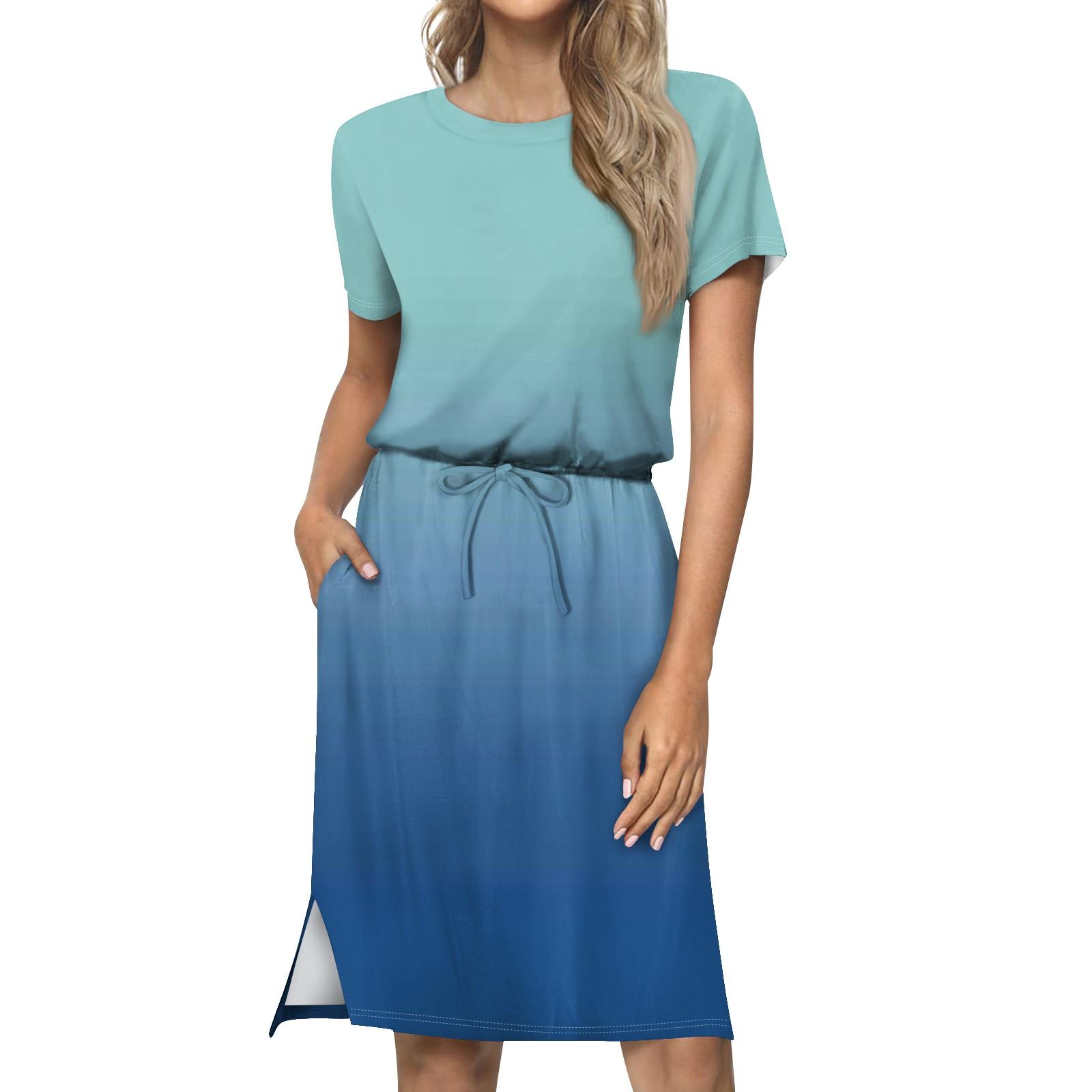 Женское свободное свободное повседневное платье с круглым вырезом и короткими рукавами — фото 14