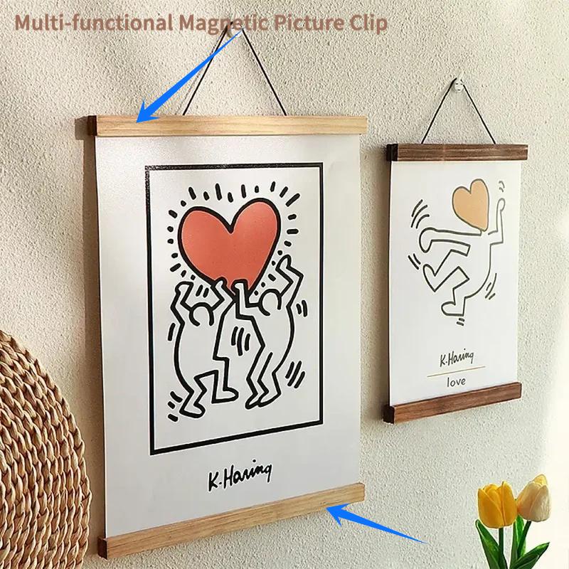 Cornice magnetica per poster in legno di teak, porta foto migliorato, per gestire stampe su tela, opere d'arte arrotolabili