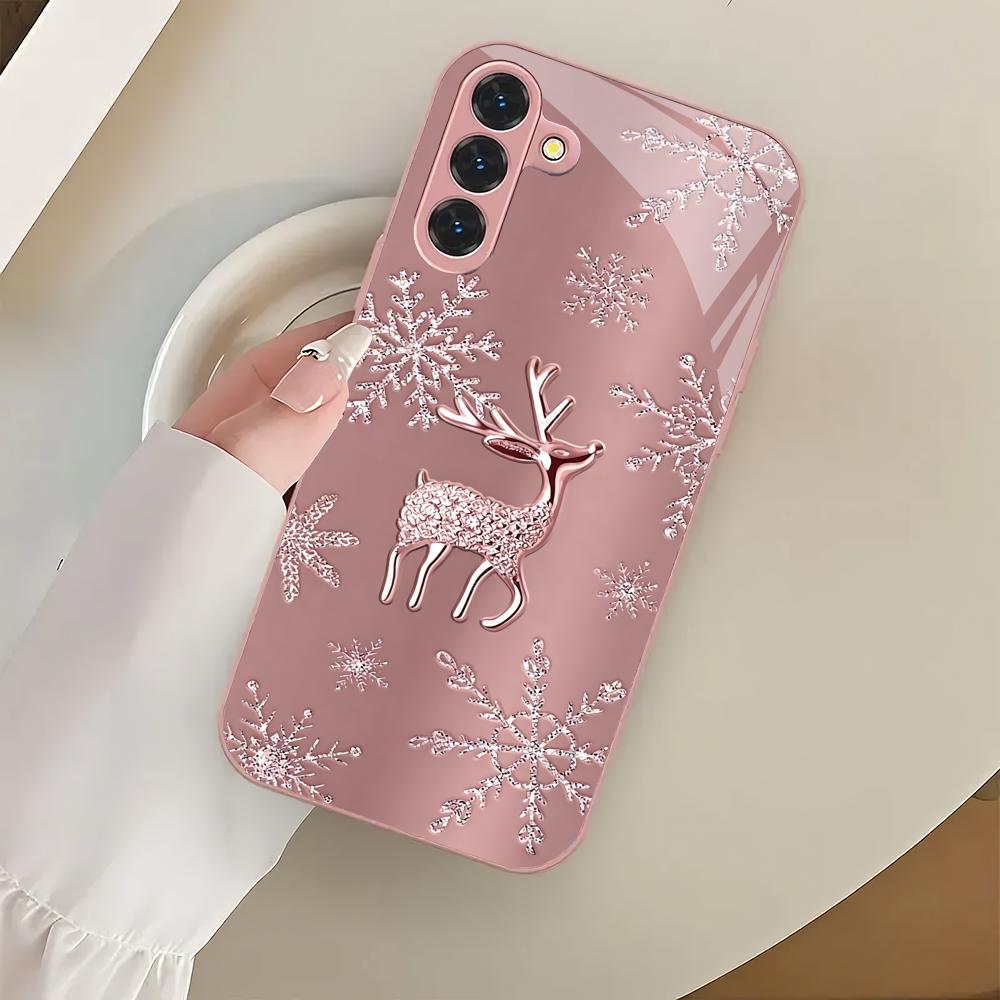 Deer Snowflake Metallic Glass Phone Case Suitable for Samsung Galaxy S26 S25 S24 S22 S21 S20 FE/Ultra/Plus Shock resistant