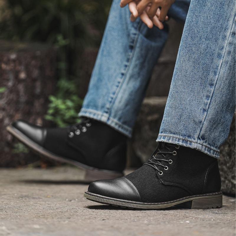 Stivali da Uomo in Pelle Retro Punta Tonda Stivaletti da Uomo High-Top Colore Misto Piattaforma Stivali da Cavaliere Moda Casual Scarpe da Uomo