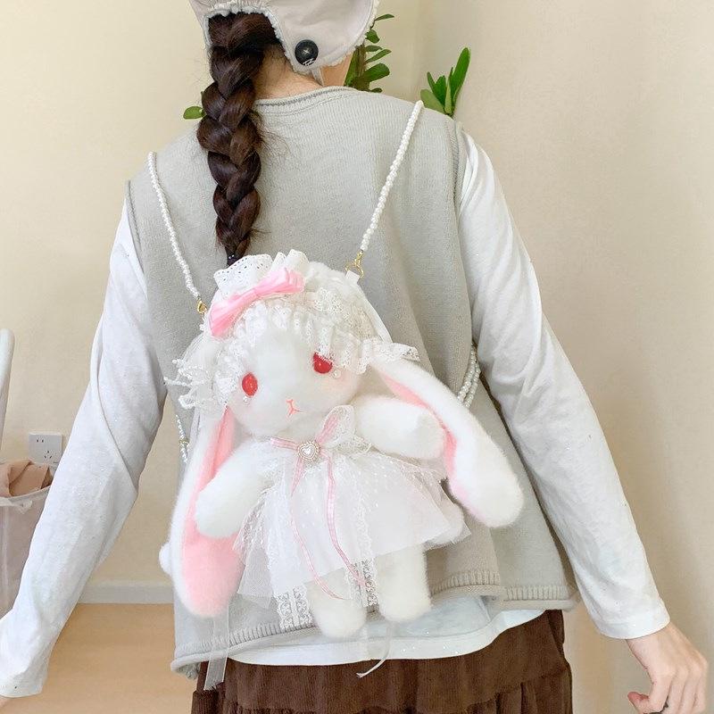 Lolita Plüsch Hasen Tasche mit Schleife, Perlenkette und Herz Design - Süße Girly Umhängetasche