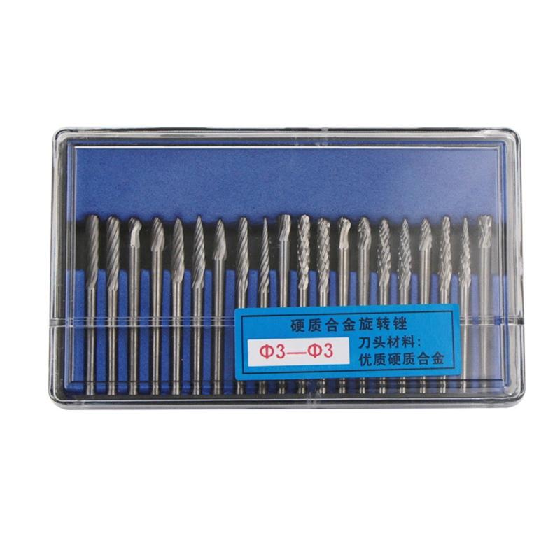 20 Pcs/Set Rotary Burr Set 3mm 1/8'' Shank Tungsten Steel Grinder Bits Engraving Bits Power Tool Accessories for Carving