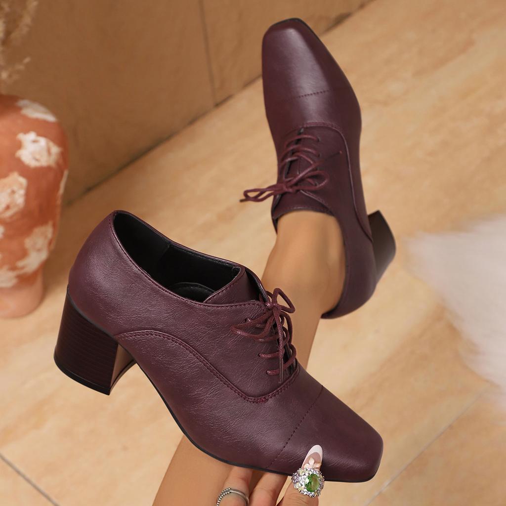 Plus Size Shoes for Women 36-43 Autumn Fashion Women Lace Up Square Toe High Heel Pumps Platform Non-slip Shoes