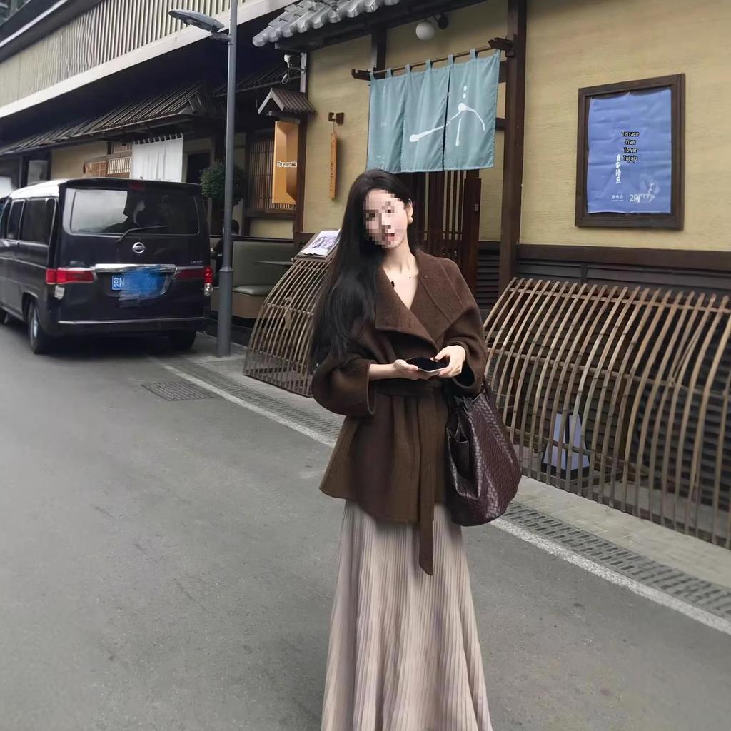 Women's Petite Mocha Brown Wool Coat - Meilade High-End Aesthetic, Thickened for Autumn/Winter 2025