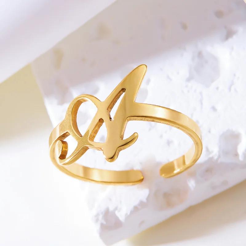 Initial Letter Rings for Women Gold Color Stainless Steel A-Z Letter Adjustable Ring Aesthetic Wedding Christmas Jewelry Gift