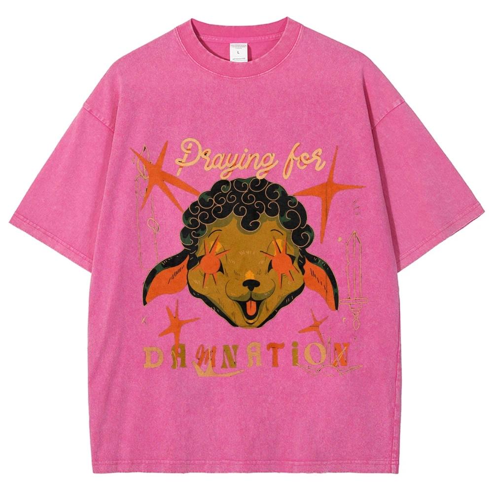 Cool Devil Sheep T Shirts Unisex Washed Tees Men Women Oversized Short Sleeve T-shirt Cotton Streetwear Graphic T Shirt