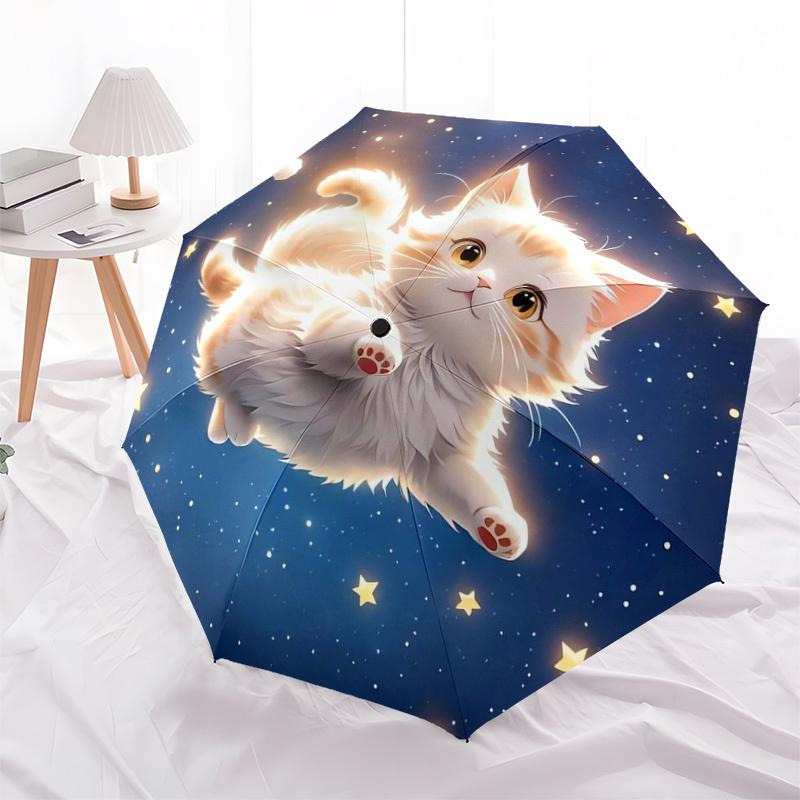 1pc Starry Night Kitten Umbrella with Plastic Handle,Suitable for All Seasons Home Travel Outdoor UmbrellaDD445