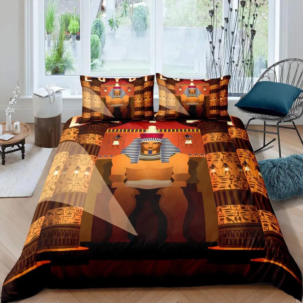 Pharaoh Duvet Cover Queen Ancient Egypt Tribe Comforter Cover Set for Boys Egyptian Pyramids Exotic Style Polyester Bedding Set