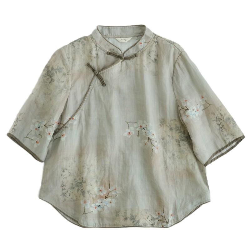 Johnature Women Chinese Style Shirts Tops Print Floral Stand Button Seven Sleeve Blouses Summer Vintage Shirts