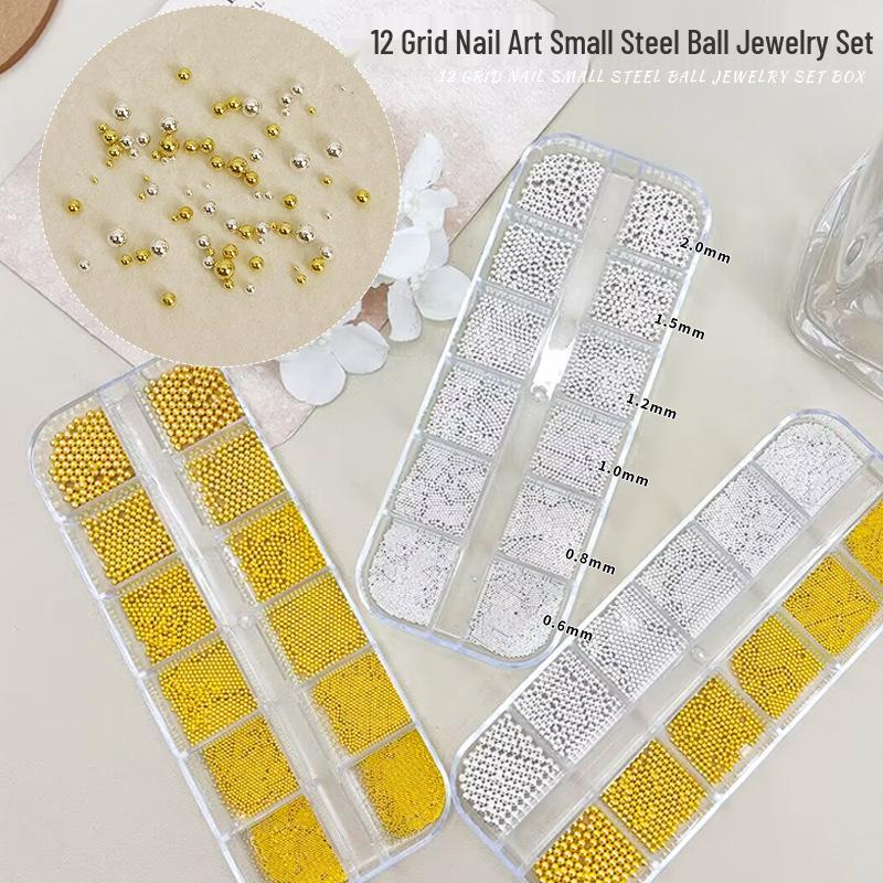 12-Grid Mini Steel Beads Nail Art: Mixed Size Gold & Silver Rhinestones (0.8mm)