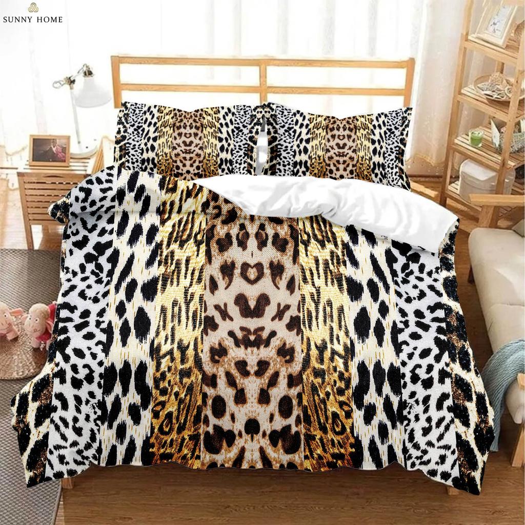 Animal Texture Leopard 3D Printed Quilt Cover Bedding Set Polyester Machine Washable Quilt Cover Pillowcase Three-piece Set