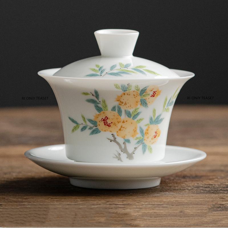 Chinese Ceramic Tea Tureen Handmade Flowers Teacup Suede Jade White Porcelain Gaiwan Travel Portable Tea Bowl Household Tea Set