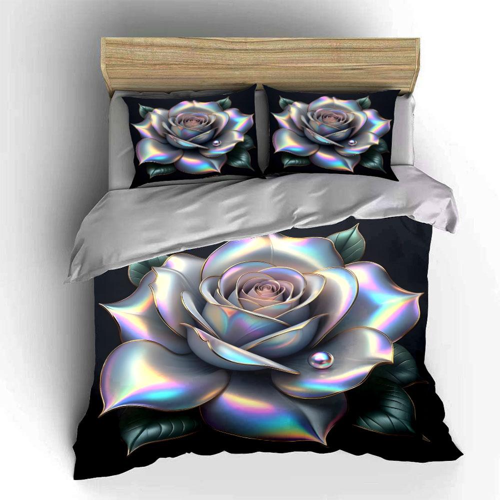 Holographic Rose-Themed Decorative Set Exquisite Three-Piece Bedding Set Gift For Kids And Adults