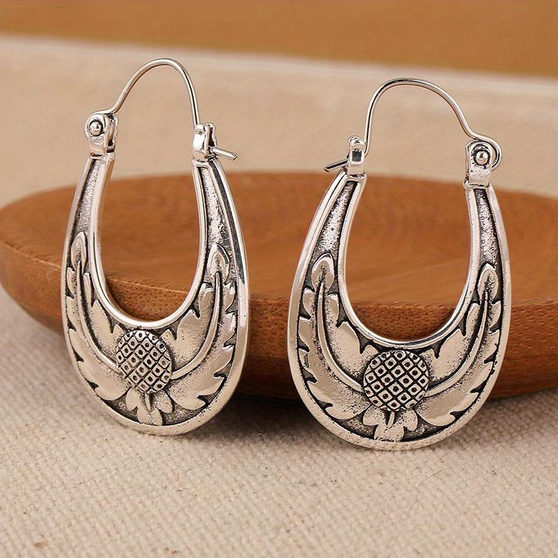 Bohemian Vintage Hand-carved Flower U-shape Design Earrings Creative Jewelry Accessories for Women's Everyday Casual Party Gifts