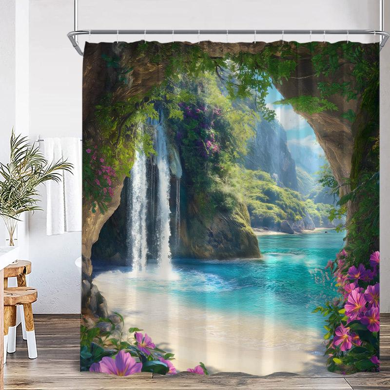 Rustic Landscape Shower Curtains Forest Lake Flowers Vintage Wooden Door Garden Scenery Fabric Home Bathroom Curtain Decor Set