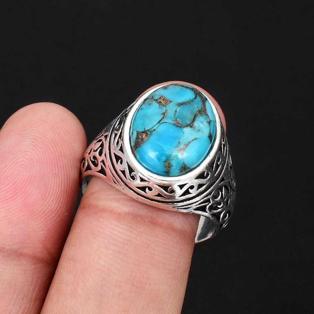 Vintage Herrring Turkos Ädelstensring Antik 925 Sterling Silver Filigran Design Bohemisk Punkstil Statement Smycke