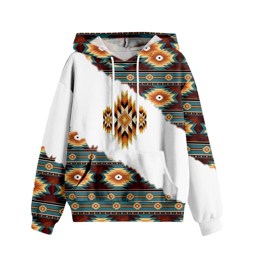 Lässiges, langärmliges Pullover-Oberteil mit Kordelzug für Damen mit geometrischem Pferdemuster, Kapuzen-Sweatshirt im Ethno-Stil