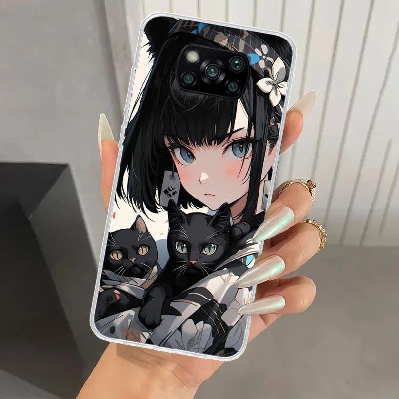 Anime Girls Cute Black Cat Phone Case for Xiaomi Poco X5 X6 X7 Pro F7 Ultra M7 Redmi 15 15C 13 13C 12 12C 10 10A 10C 9 9A 9C 9T