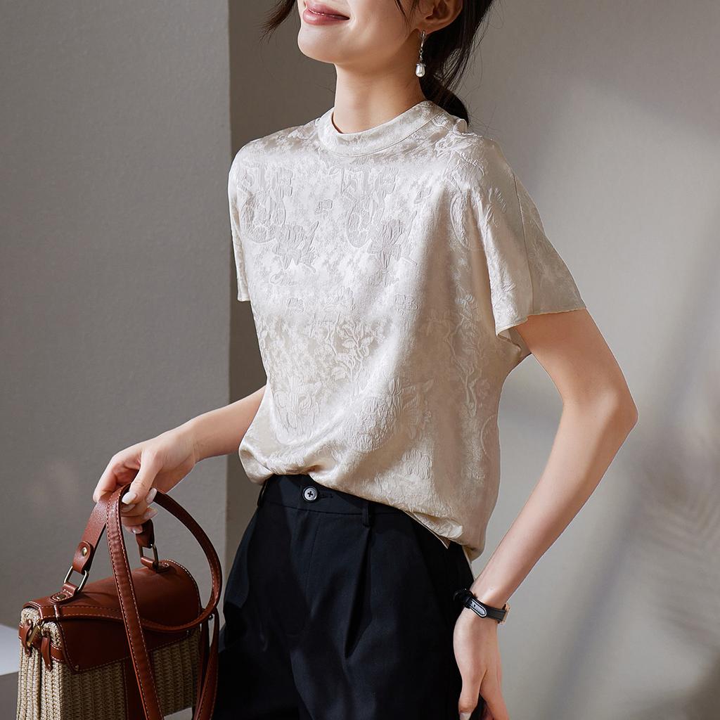 New Chinese Style Silk Jacquard Short Sleeved Shirt for Women In Summer 2026, Fashionable and Versatile, Slimming and Chic Small Shirt Top