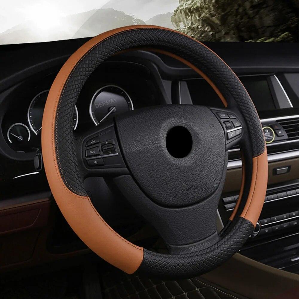 Car Steering-wheel 37cm-38cm Leather Hand-stitched PU Leather Dermay Car Steering Wheel Cover Fit For Most Cars Styling