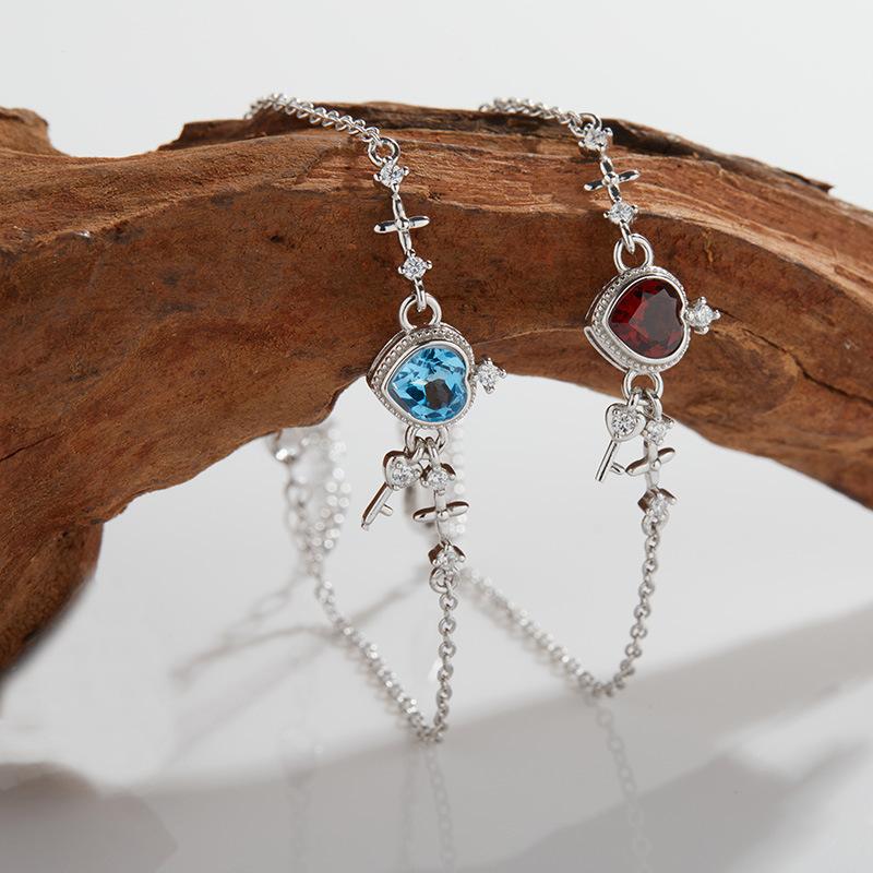 S925 Sterling Silver Inlaid With Natural Garnet Colored Treasure Topaz Love Lock Bracelet Women'S High-End Jewelry