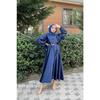 Elastic Waist Belted Satin Evening Dress Navy Blue
