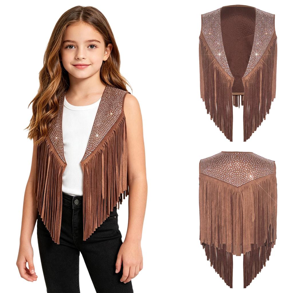 Girls Western Cowgirl Sleeveless Vest Tassel Fringe Sparkly Rhinestone Open Front Waistcoat for Country Music Festival Halloween