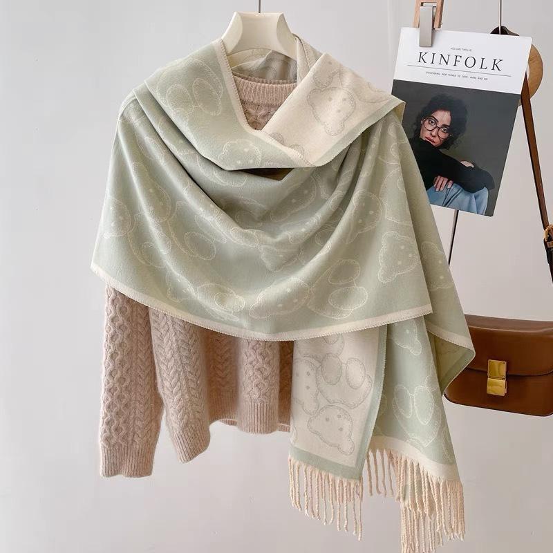 Women's Cute Bear Printed Faux Cashmere Scarf with Tassel Korean Style Versatile Warm Shawl for Winter