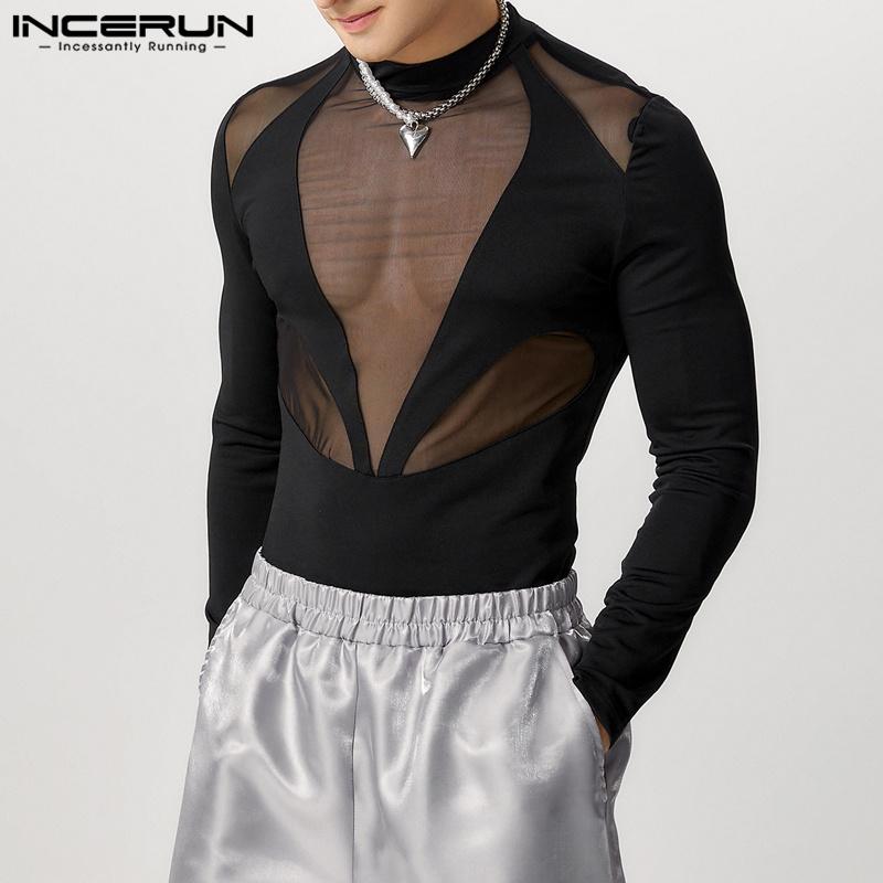 INCERUN Men Long Sleeve Mesh Sheer Patchwork Bodysuits See Through Club Playsuits